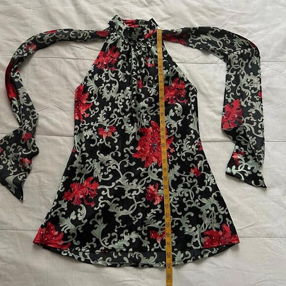 Moda International vintage black red floral sleeveless high neck blouse tie neck - Picture 7 of 7